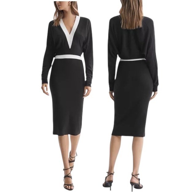 NWT Reiss Jodie Knitted Colourblock Midi Dress Black White Wool Cashmere Medium