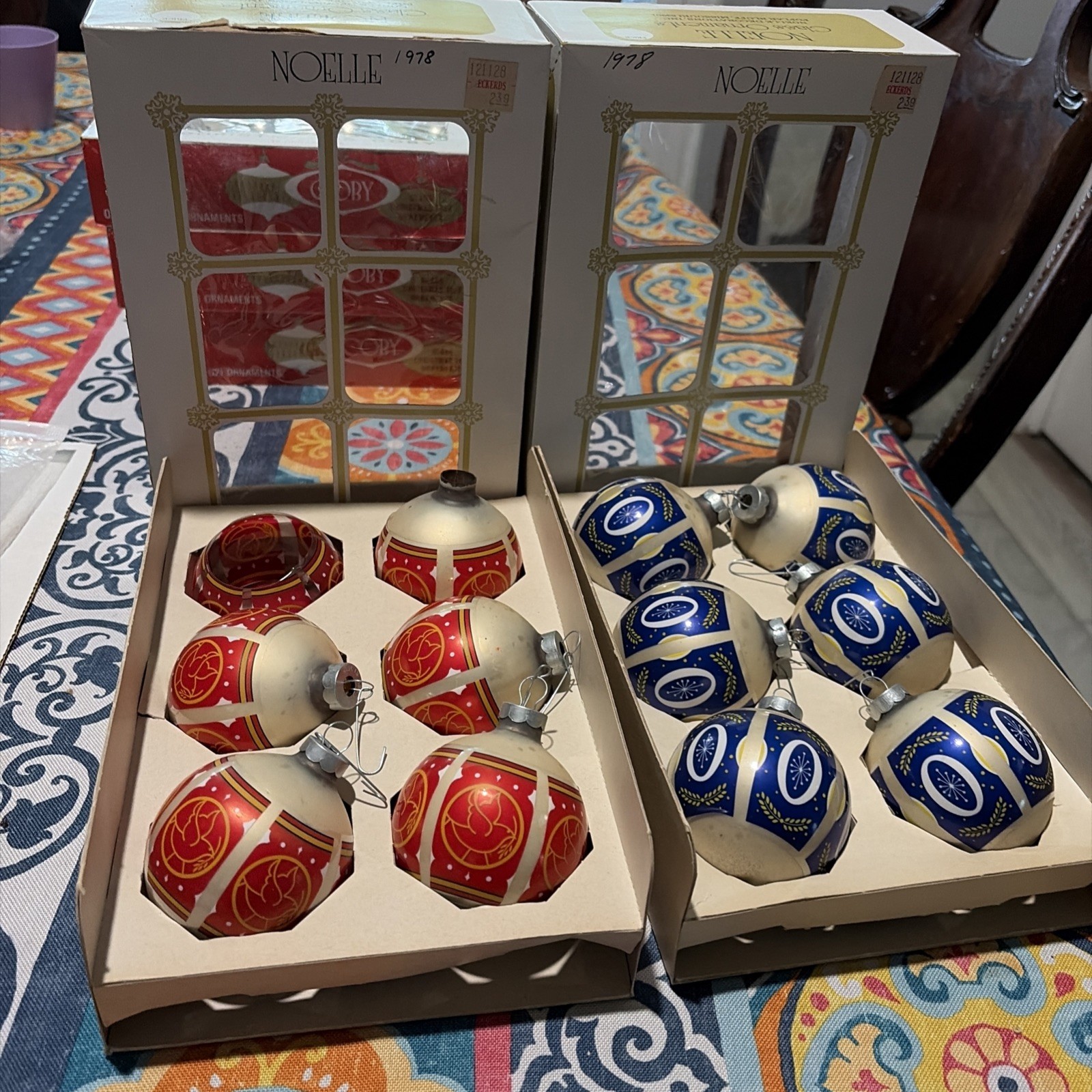 Vintage Noelle USA 11 red and blue Glass Christmas Ornaments in Original Box Vintage Noelle USA 11 red and blue Glass Christmas Ornaments in Original Box