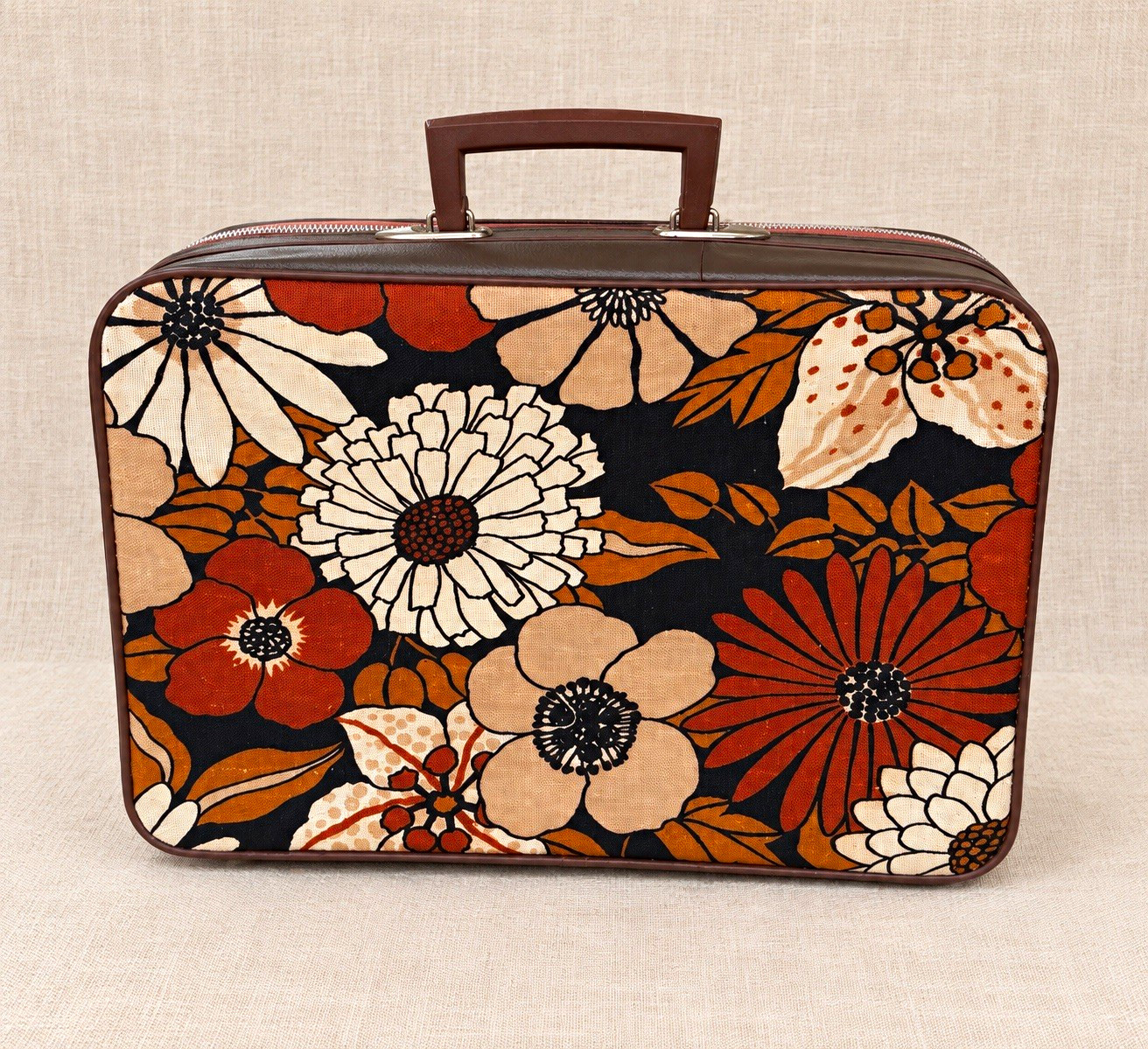 Vintage 1960s 70s Floral Suitcase Retro Mod Flower Power Luggage Brown Trim