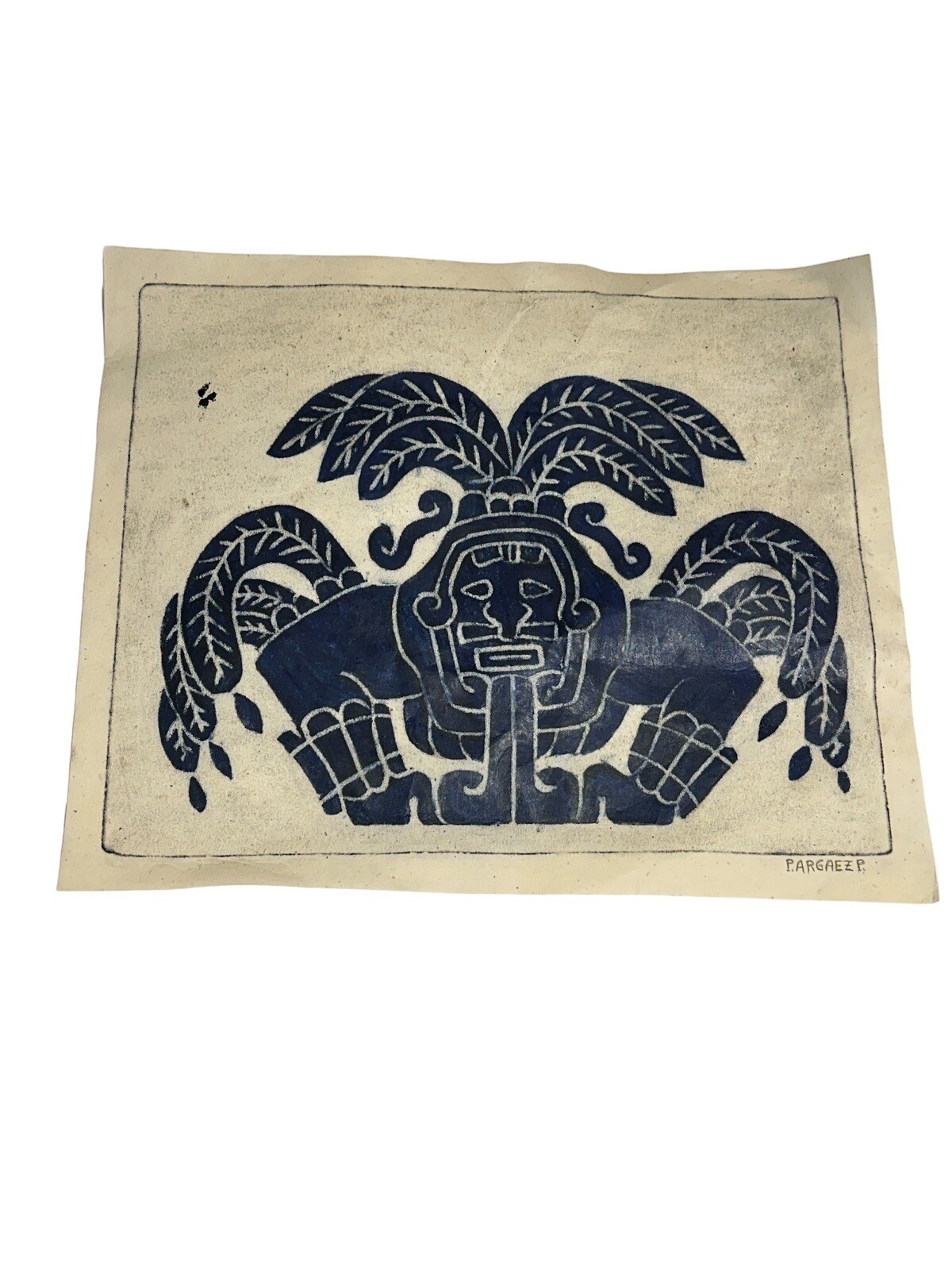 Vintage P. Argaez P. Ancient Aztec Art Bold Indigo Blue Depiction Ancient Motif Vintage P. Argaez P. Ancient Aztec Art Bold Indigo Blue Depiction Ancient Motif