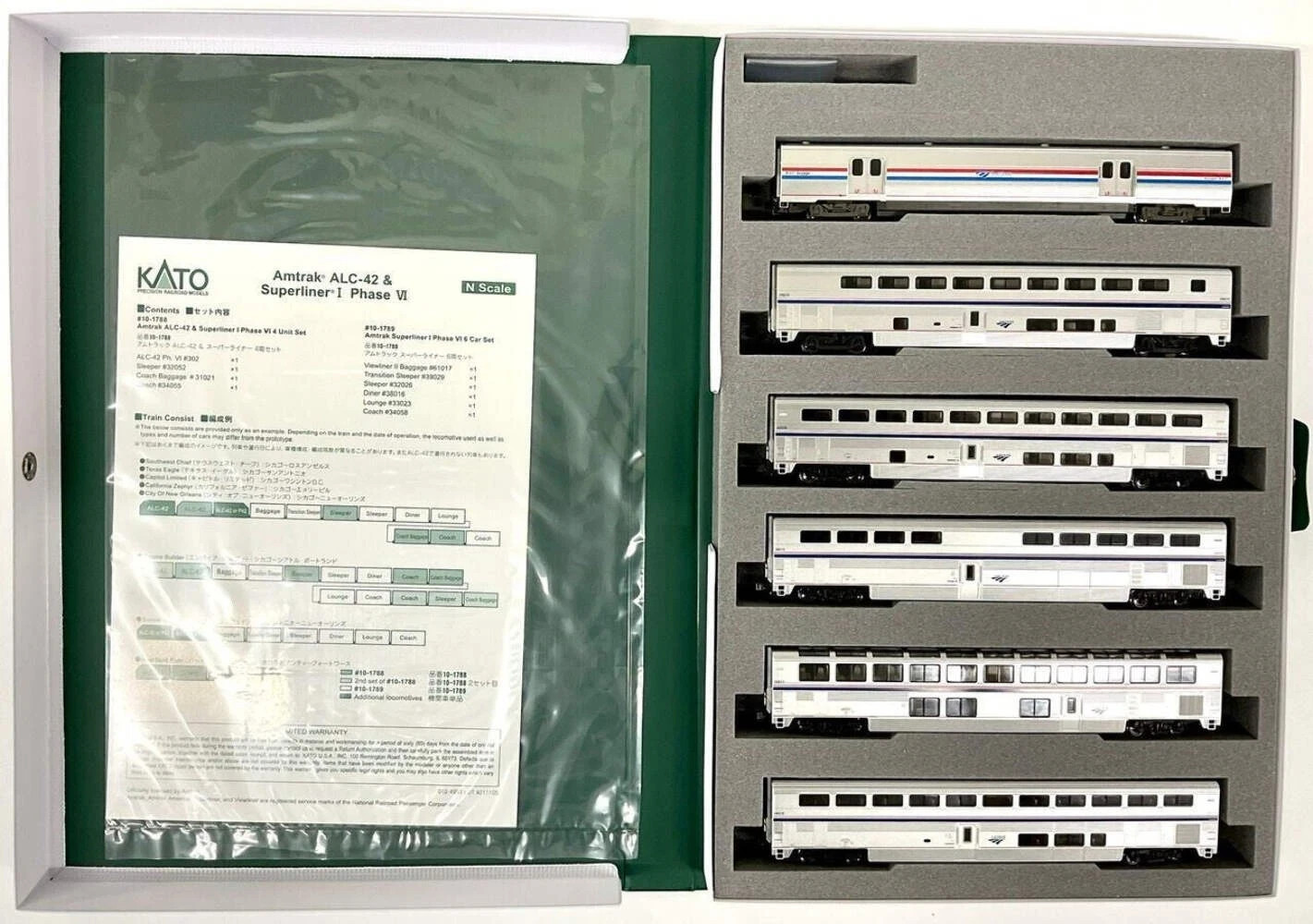 KATO 101789 N Amtrak Superliner I Phase VI 6 Car Set w/Bookcase Holder 10-1789