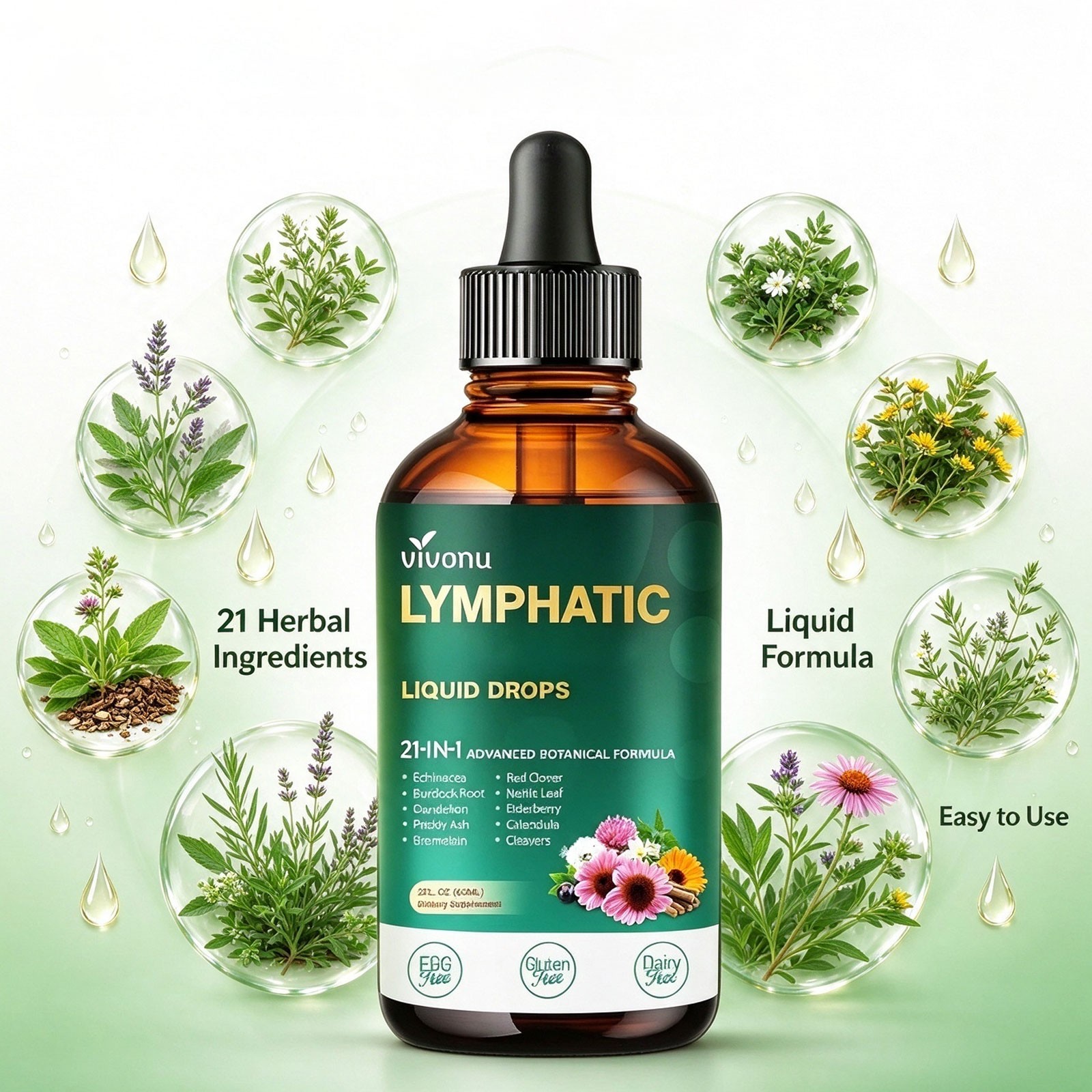 VivoNu Lymphatic Drainage Liquid Drops, 2oz 21-in-1 Botanical Dietary Supplement