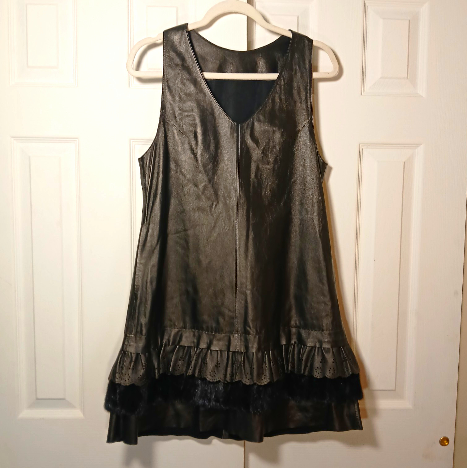 Genuine Black Sheepskin A-Line Dress • Scalloped Real Fur Hem • Luxury Size M/L