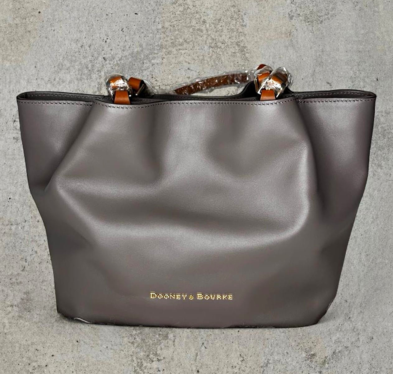 Dooney & Bourke Gray Tote Snap/Zip, Inner Pockets, Gold Hardware, Brown Handles Dooney & Bourke Gray Tote Snap/Zip, Inner Pockets, Gold Hardware, Brown Handles