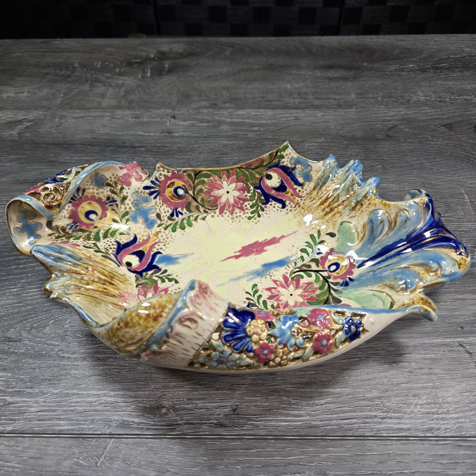 ANTIQUE 1880-1895 FISCHER J. BUDAPEST HUNGARIAN MAJOLICA RETICULATED CENTERPIECE