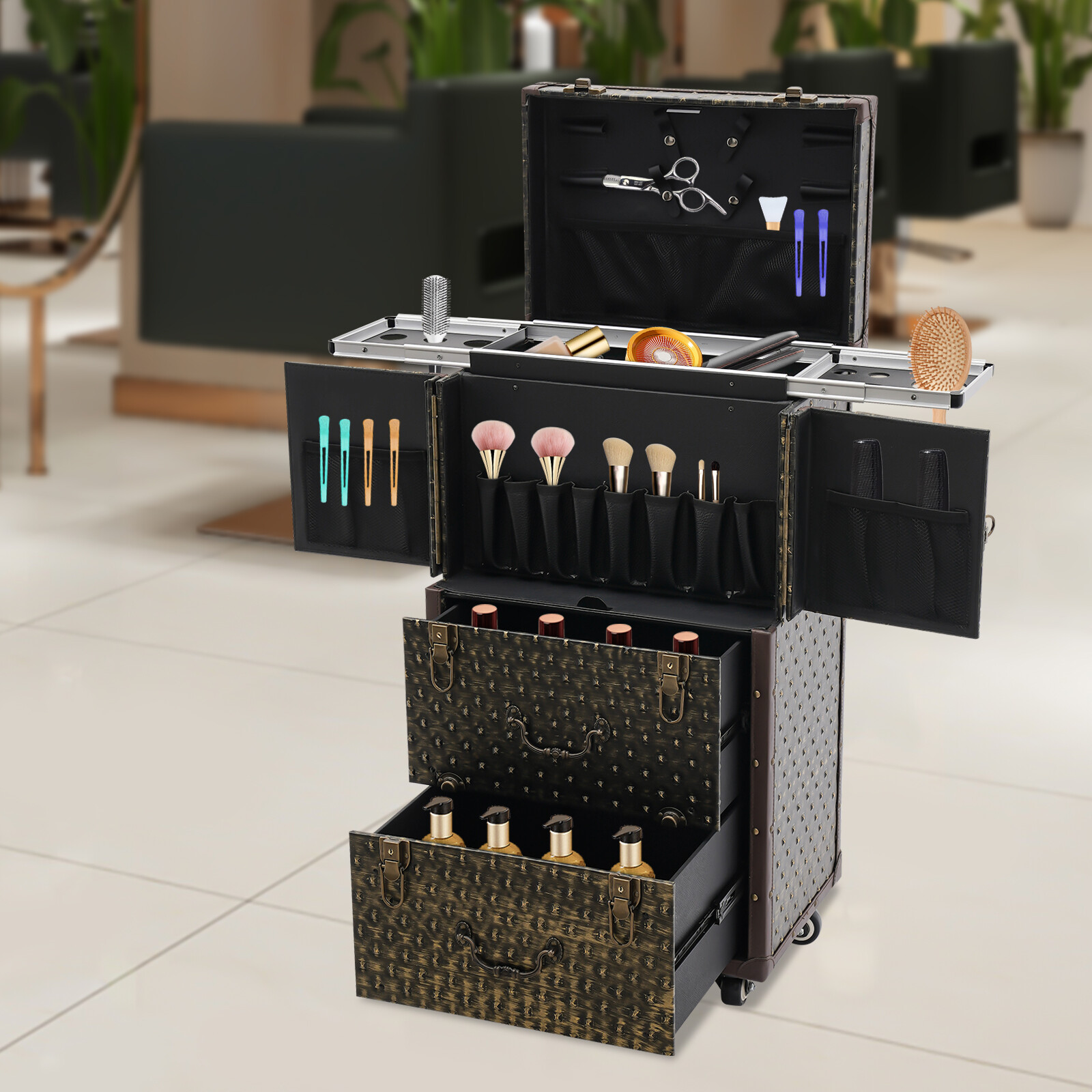 Vintage Rolling Hairdressing Case with Secure Lock and Ample Storage