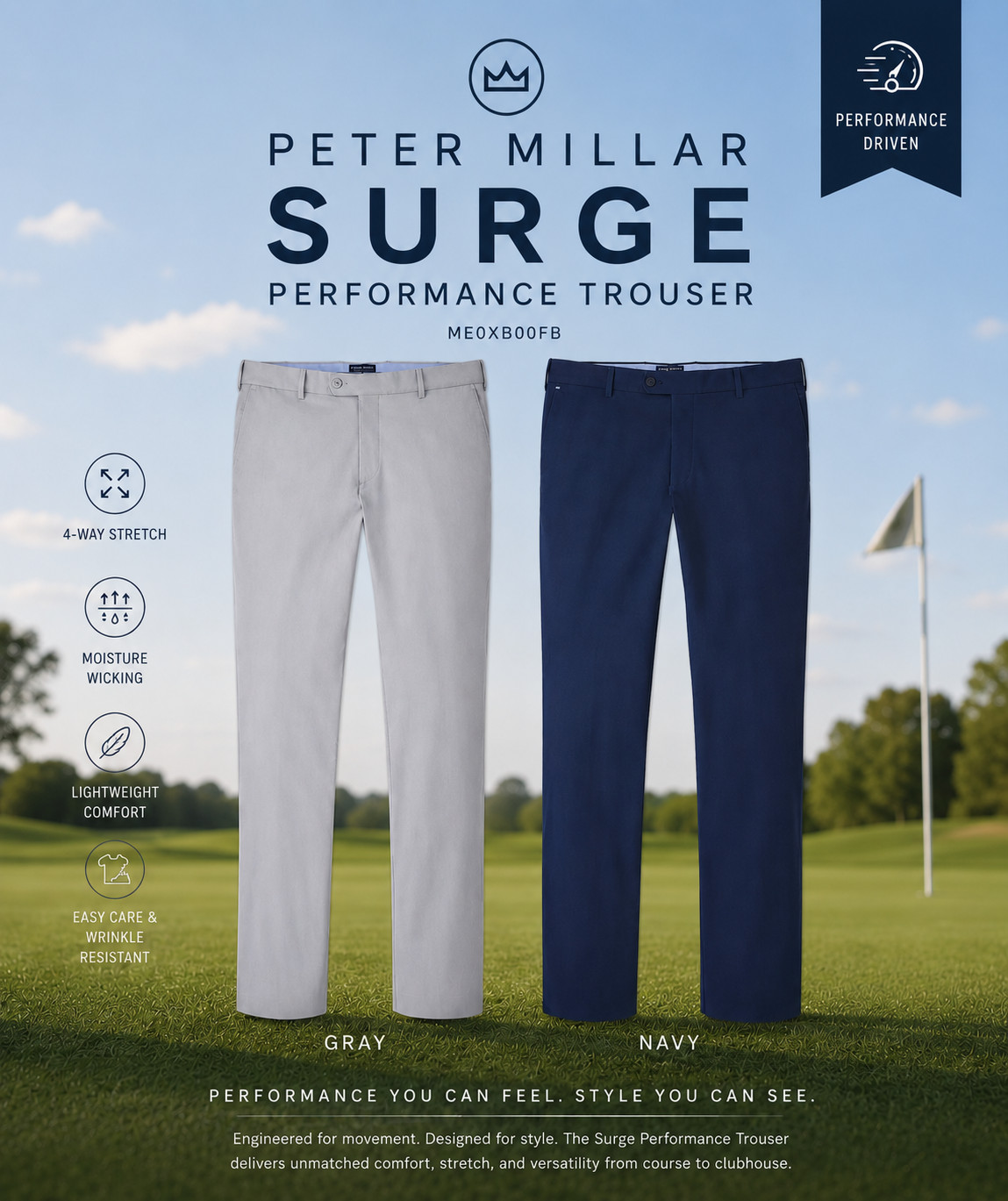 NWT Men\'s Peter Millar Surge Performance Trouser Pants Navy Grey ME0XB00FB NEW