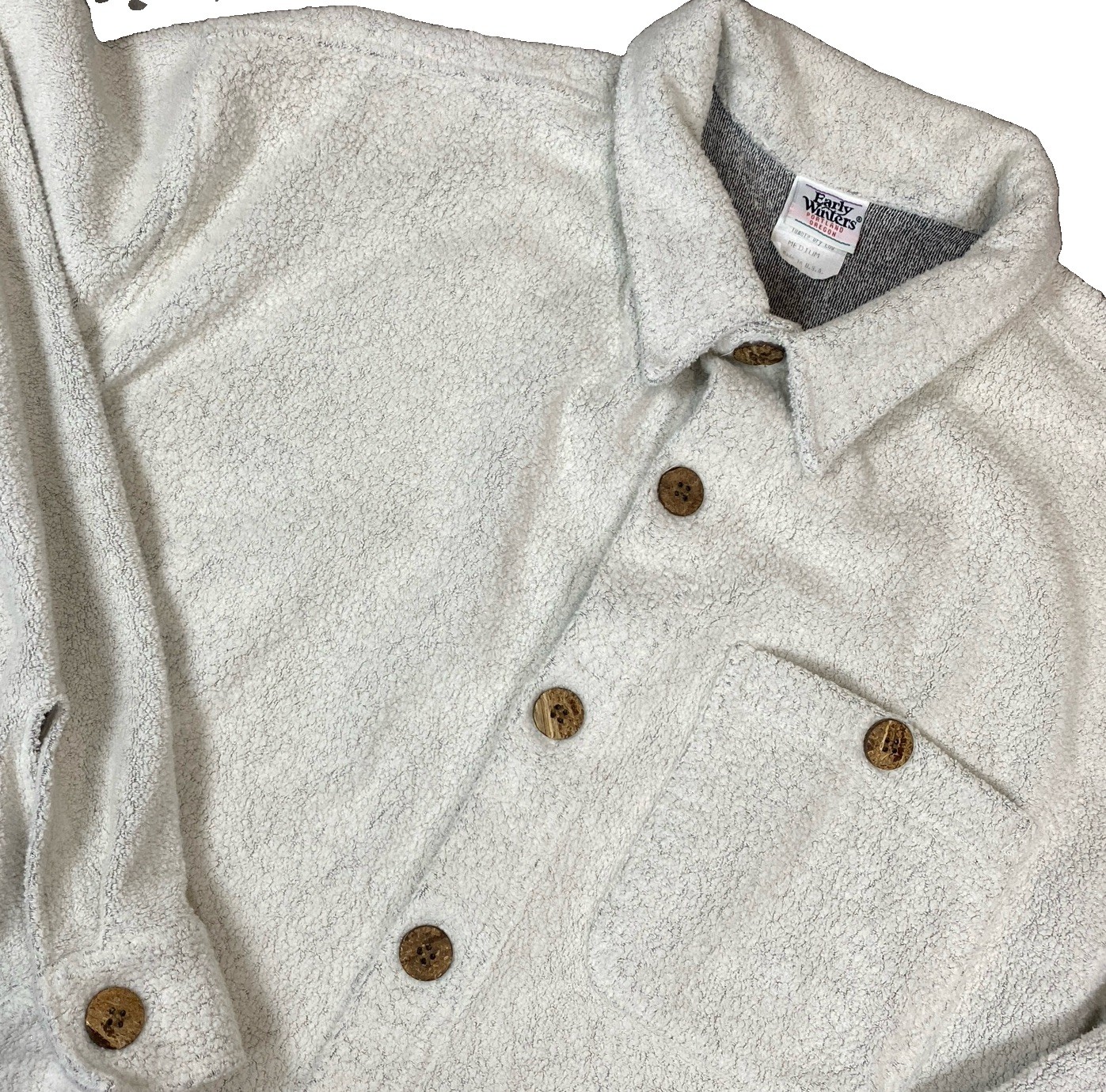 Early Winters Shirt Jacket Men’s M Ivory Heavy Fleece Vintage Wood Buttons Retro