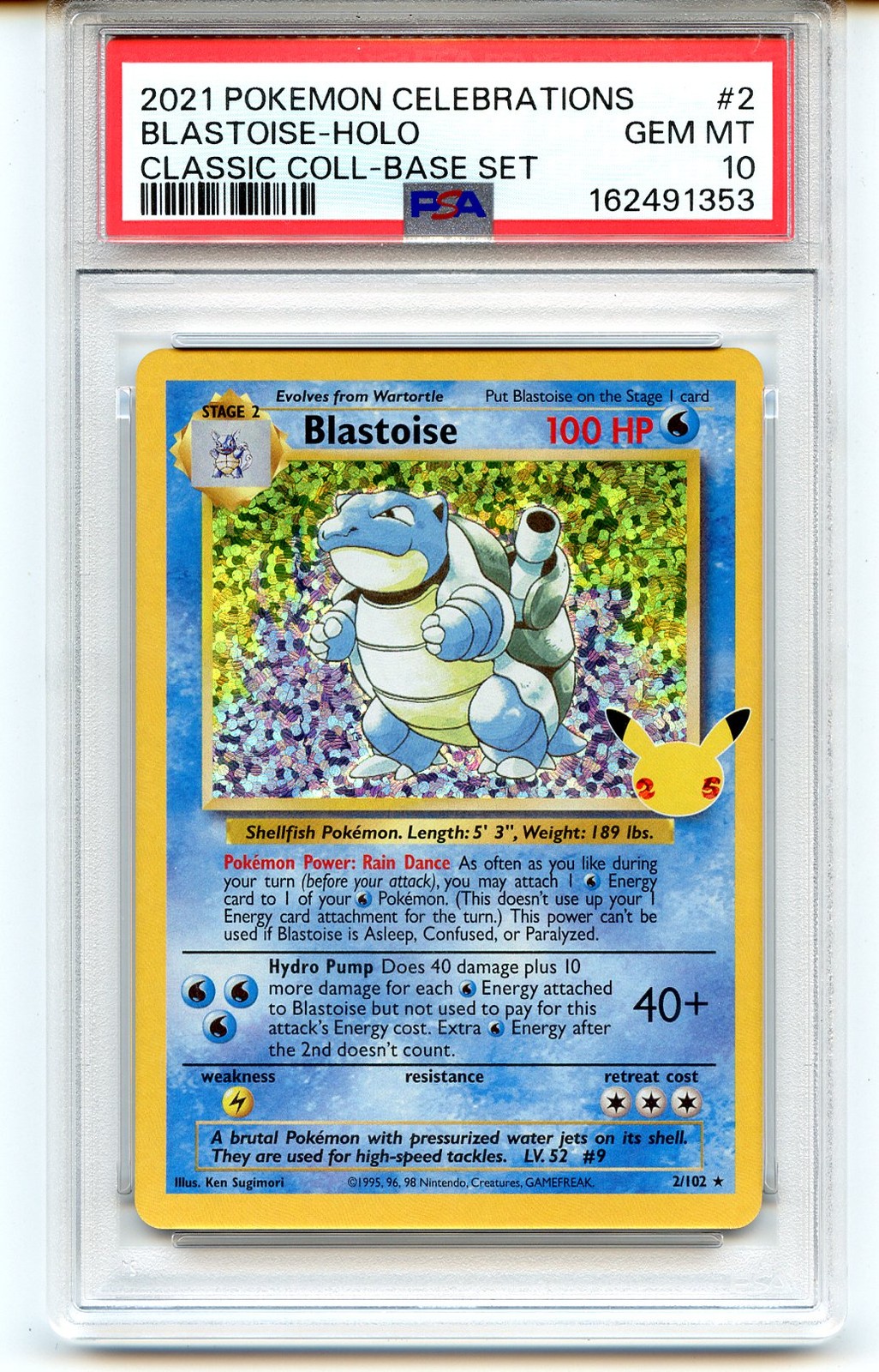 2021 Pokemon Celebrations Blastoise Holo Classic Collection 2/102 PSA 10