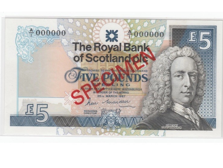 Royal Bank Of Scotland £5 Pounds SPECIMEN Banknote 25/03/1987 AI 000000 Royal Bank Of Scotland £5 Pounds SPECIMEN Banknote 25/03/1987 AI 000000