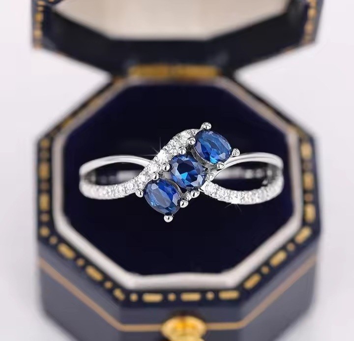 Oval Blue Sapphire Three Stone Wrap Ring Size 7 September Birthstone Women Gift Oval Blue Sapphire Three Stone Wrap Ring Size 7 September Birthstone Women Gift