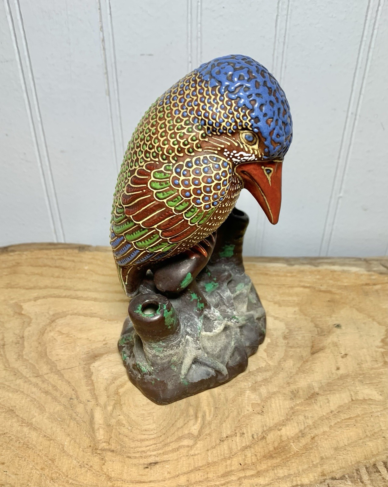 Vintage Japanese Porcelain Kingfisher Figurine Cloisonne Style Incense Holder
