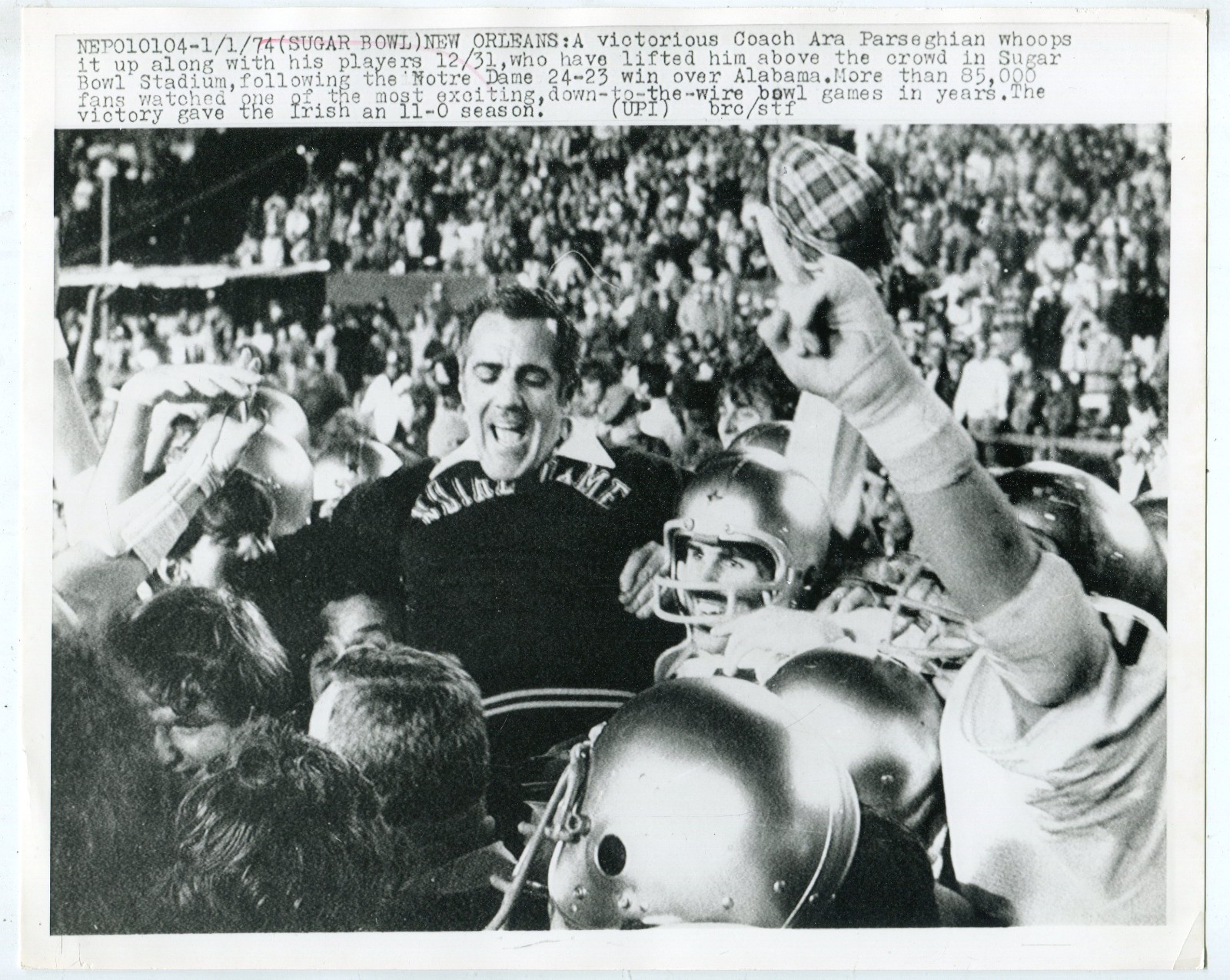 Ara Parseghian 1973 Sugar Bowl 10x8 Sport Magazine Wire/Press Photo ND Champs