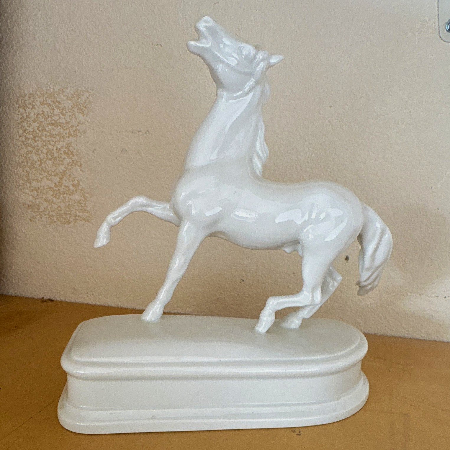 White Porcelain Horse Figurine on Base with Blue Mark on Bottom White Porcelain Horse Figurine on Base with Blue Mark on Bottom