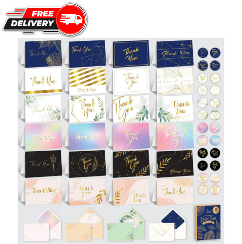 24 Pack Gold Foil 6x4in Wedding Thank You Cards with Envelopes Stickers, 24 Uniq