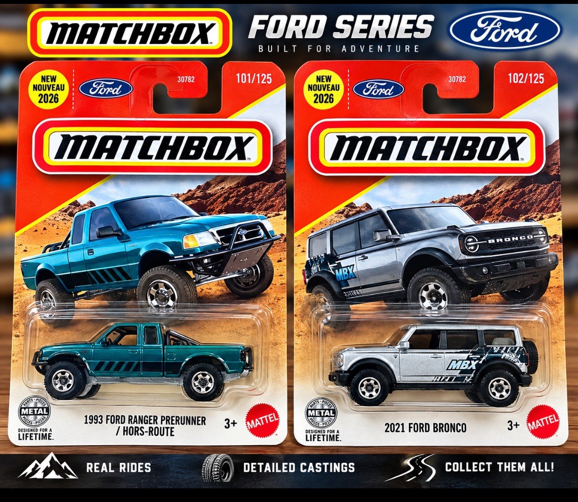 NEW 2026 Matchbox Ford Lot 1993 Ranger Prerunner 101/125 + 2021 Bronco 102/125 NEW 2026 Matchbox Ford Lot 1993 Ranger Prerunner 101/125 + 2021 Bronco 102/125
