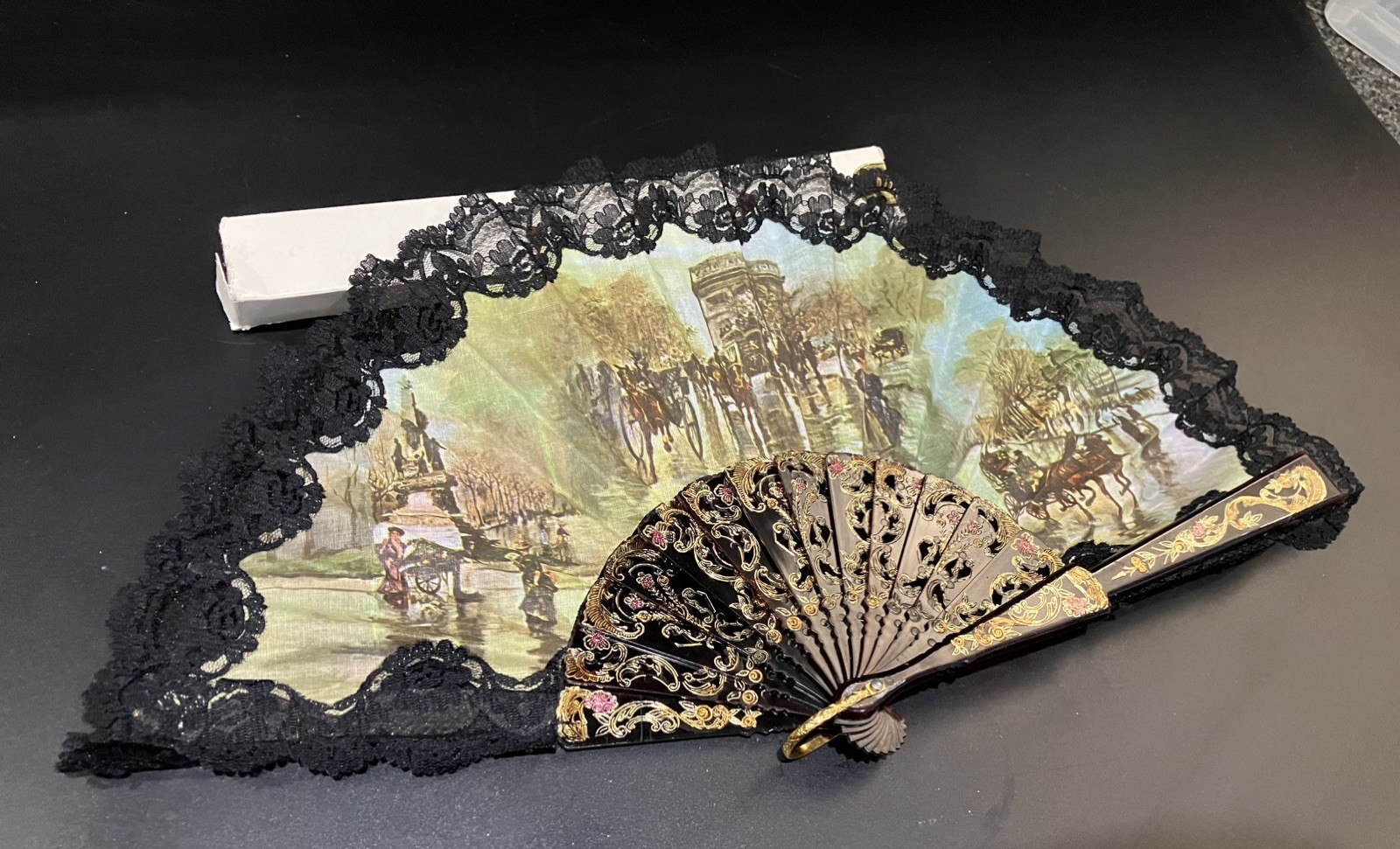 Vintage Italian Hand Fan Black Lace Souvenir Florence Italy Boxed Carriage Vintage Italian Hand Fan Black Lace Souvenir Florence Italy Boxed Carriage