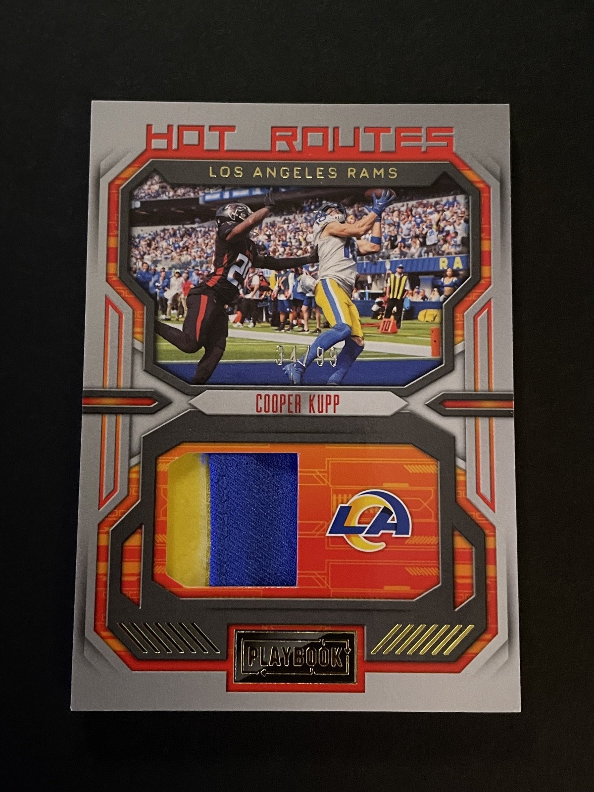 2022 Panini Playbook - Hot Routes Cooper Kupp HR-14 Gold /99 (MEM) 2 color patch 2022 Panini Playbook - Hot Routes Cooper Kupp HR-14 Gold /99 (MEM) 2 color patch