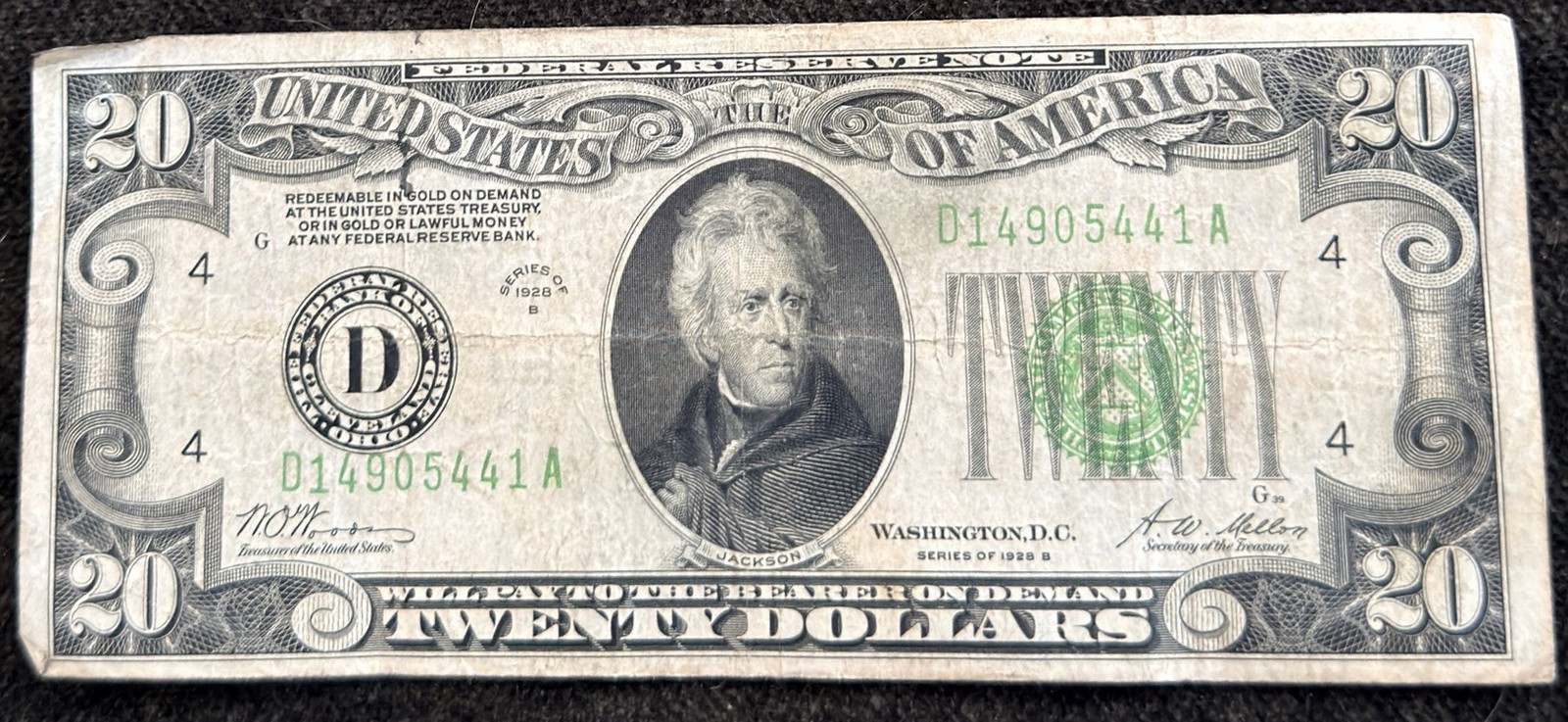 1928-B $20 Federal Reserve Note Cleveland Gold Clause Fr 2052-D Woods Mellon