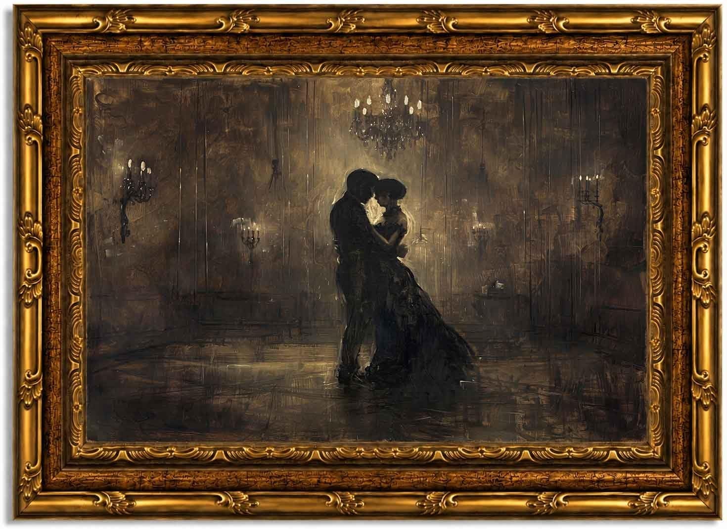 Vintage Gold Framed Moody Romantic Couple Canvas Wall Art, Victorian Ballroom...