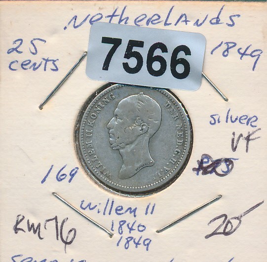 NETHERLANDS - 25 CENTS - 1849 SILVER - K76 - #7566 NETHERLANDS - 25 CENTS - 1849 SILVER - K76 - #7566