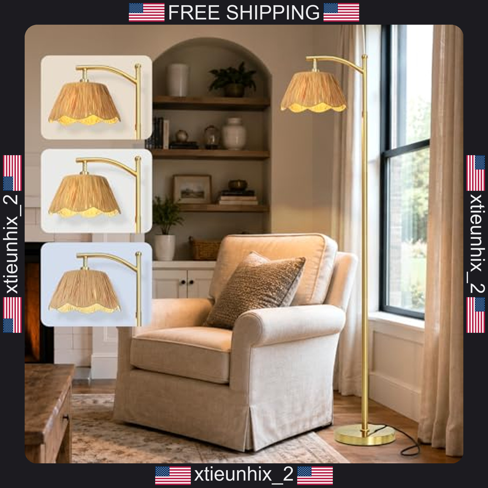 Rattan Arc Floor Lamp with 3 Color Temperatures, Gold Metal Base, Farmhouse