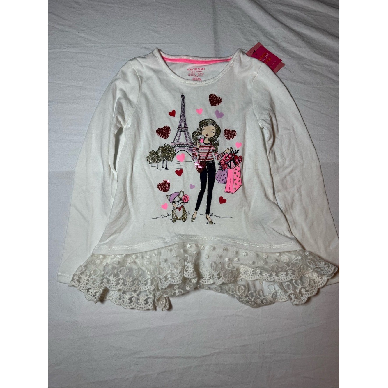 Isaac Mizrahi White Long Sleeve Girls\' Tee with Pink Accents and Lace Hem Isaac Mizrahi White Long Sleeve Girls\' Tee with Pink Accents and Lace Hem