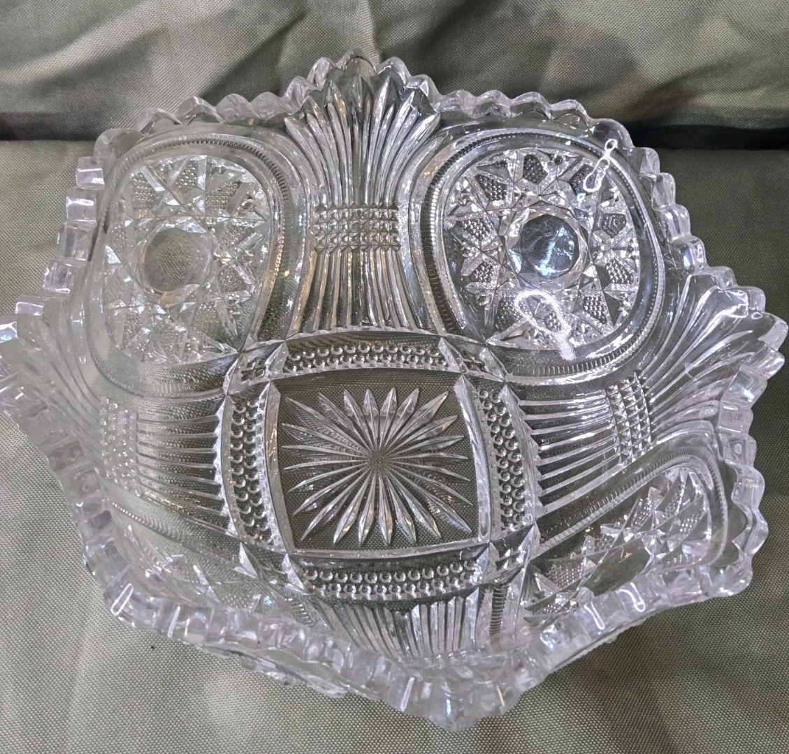 American Brilliant Cut Glass Bowl Antique Clear Glass Mixing Serving Dish 9.25\