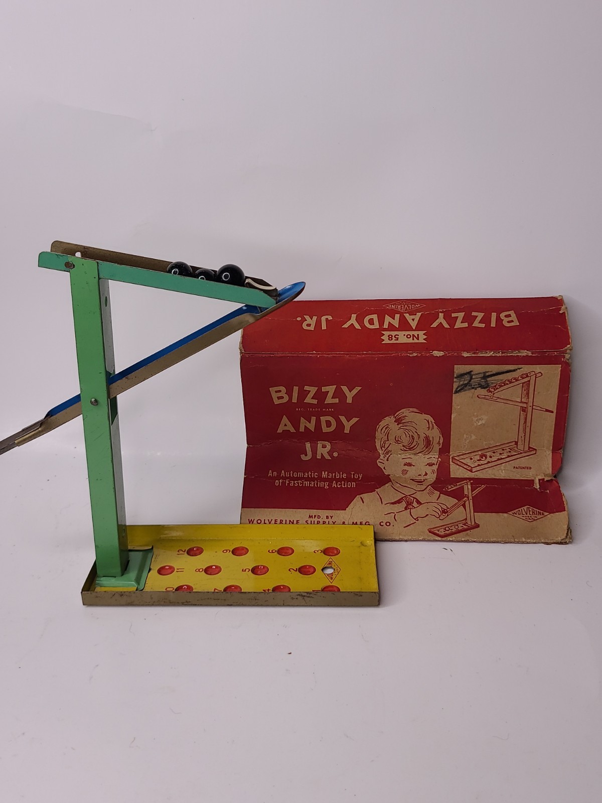 RARE 1920s Wolverine No. 58 Bizzy Andy Jr. Tin Litho Automatic Marble Toy w/Box RARE 1920s Wolverine No. 58 Bizzy Andy Jr. Tin Litho Automatic Marble Toy w/Box