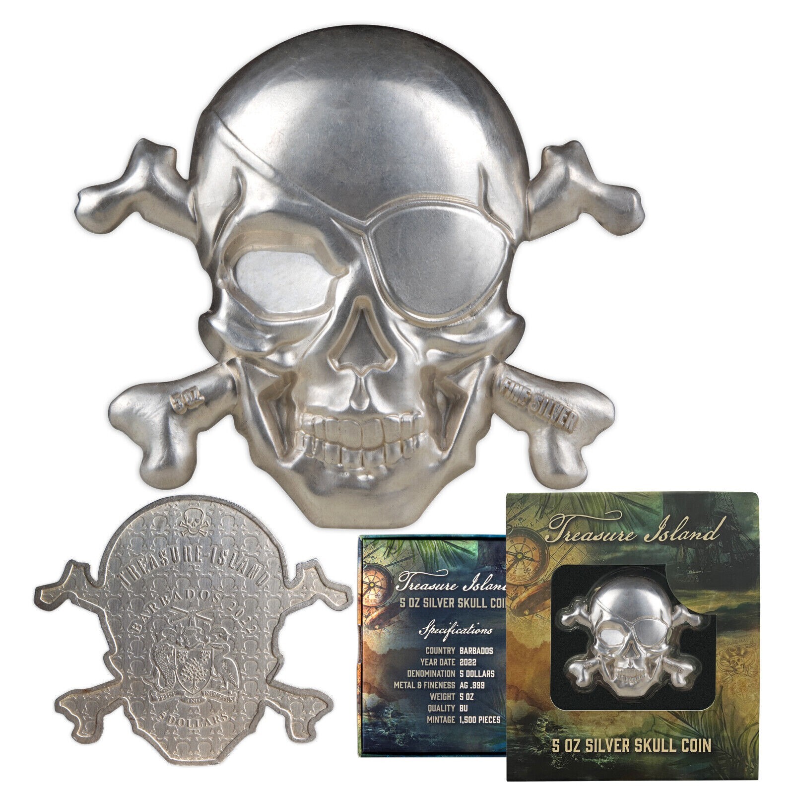 2022 Treasure Island Pirate Skull & Cross Bones 5 oz Silver Coin - Toned