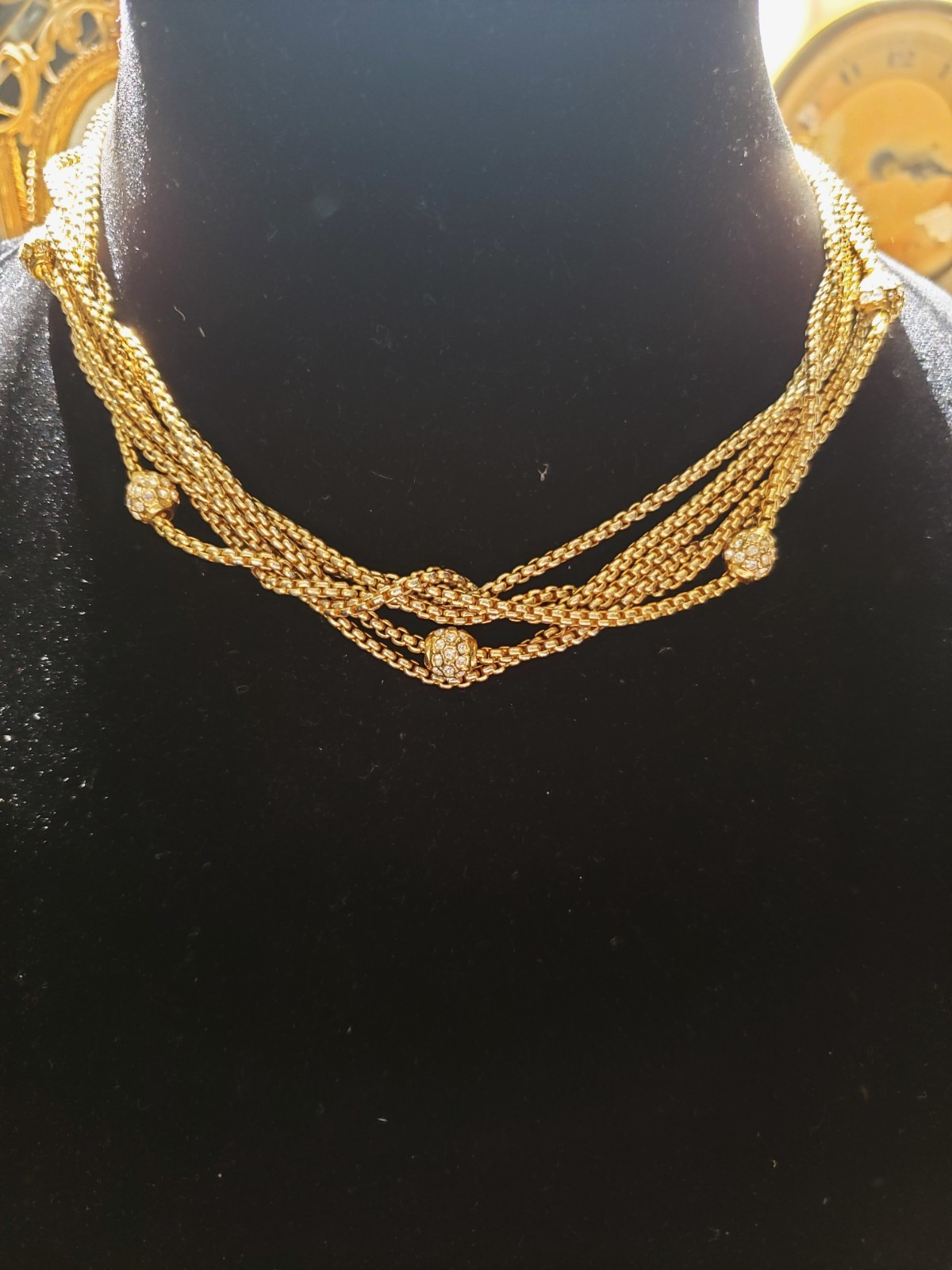 6 Strand Gold Tone Link Necklace With Pave Crystal Balls 6 Strand Gold Tone Link Necklace With Pave Crystal Balls
