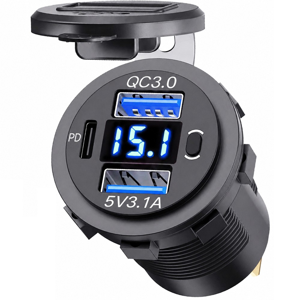 12V-24V PD+QC3.0 Dual USB Car Fast Charger Power Socket Outlet LED Voltmeter Lot