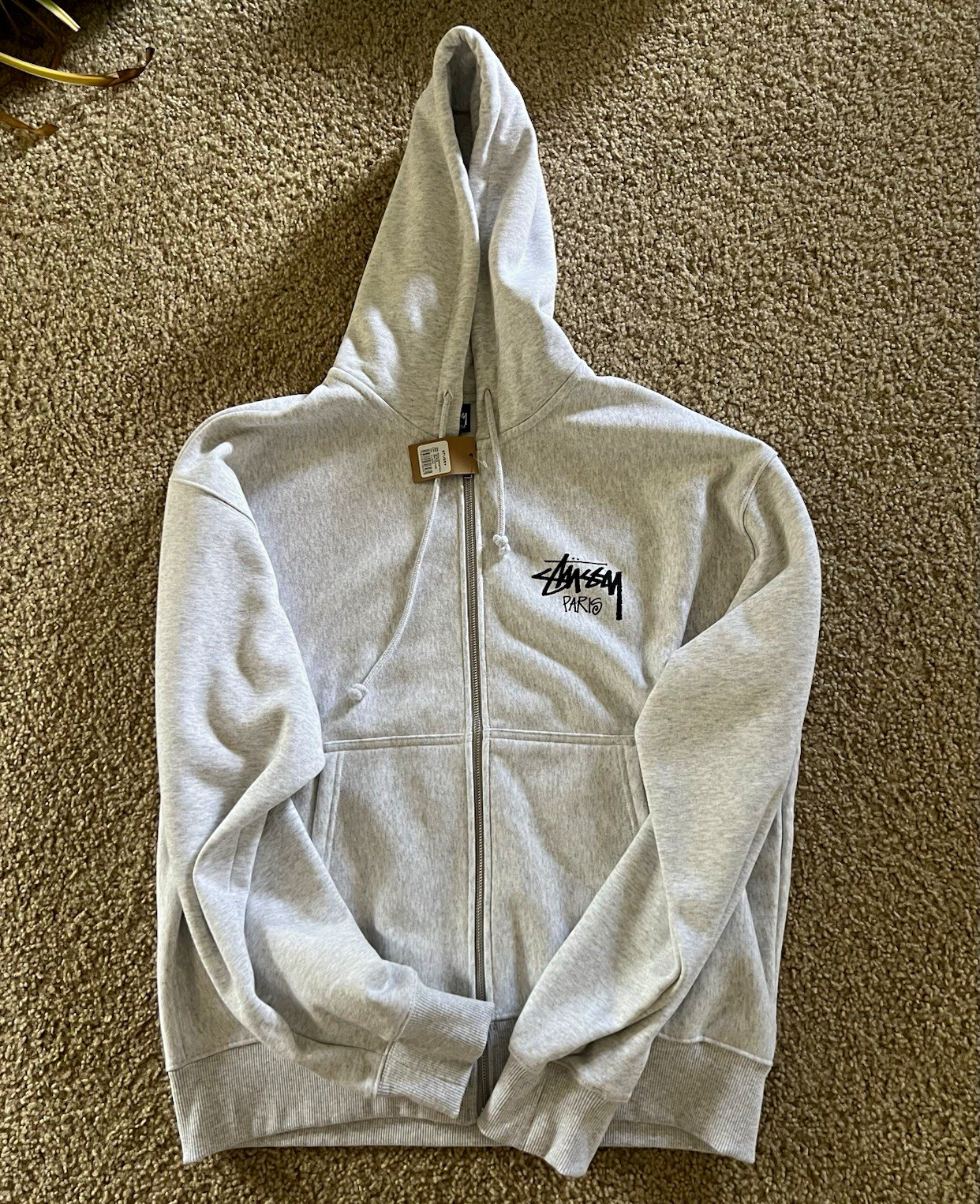 Stussy Stock Paris Graphic Print Full Zip Fleece Hoodie Pockets Gray Men XL Stussy Stock Paris Graphic Print Full Zip Fleece Hoodie Pockets Gray Men XL