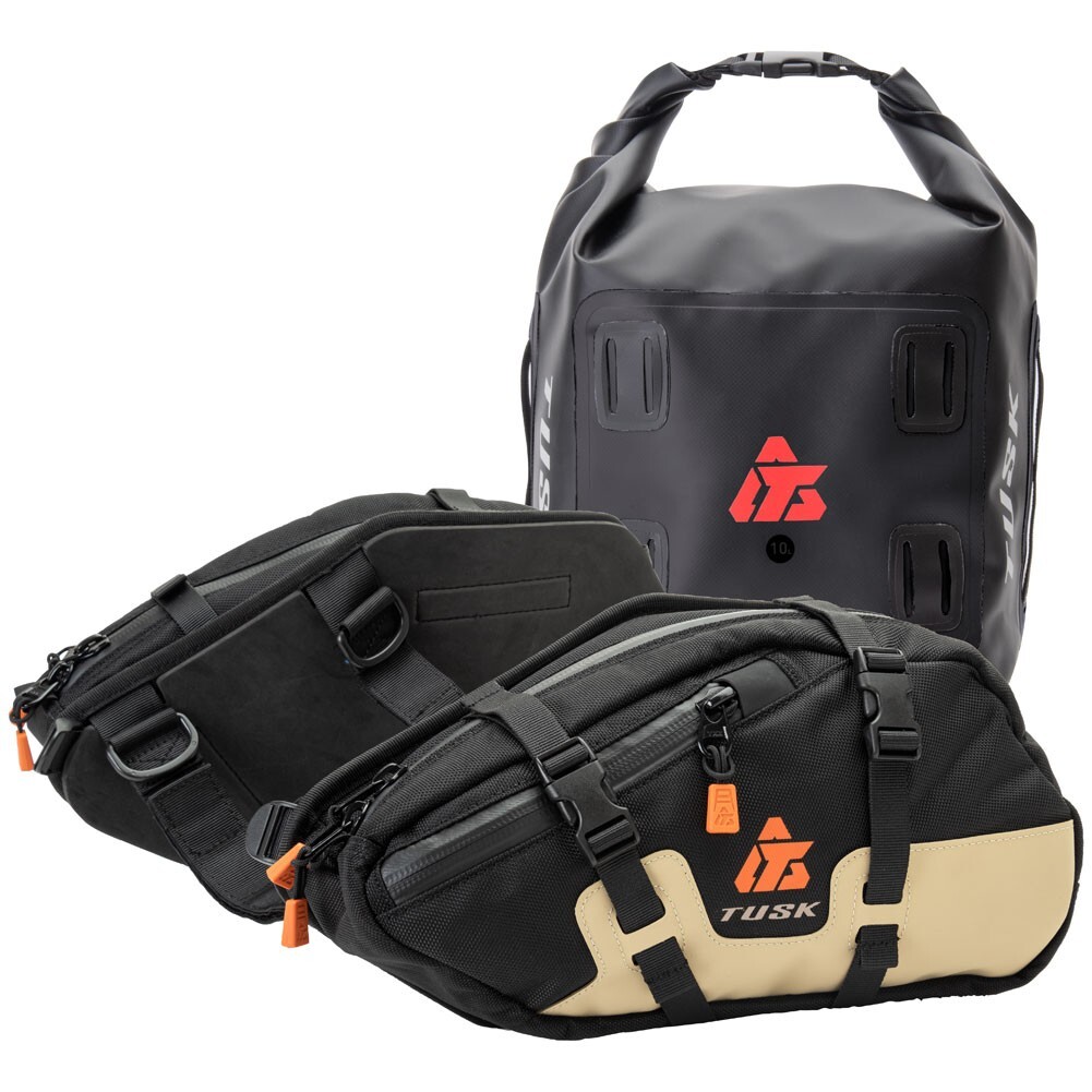 TUSK Traverse Pannier Bags Base System w/X-Small Dry Duffel Tail Bag Black/Tan