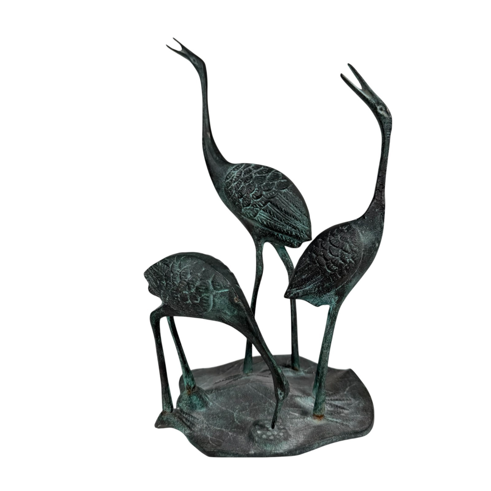 Vintage Bronze Crane Family Sculpture Verdigris Heron Egret Bird Statue Figurine