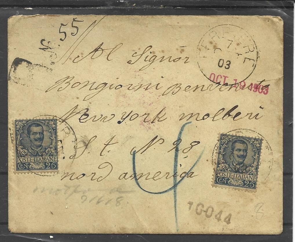 1903 25C X2 VIT.EM. ON ENVELOPE FROM TURIN X NEW YORK USA