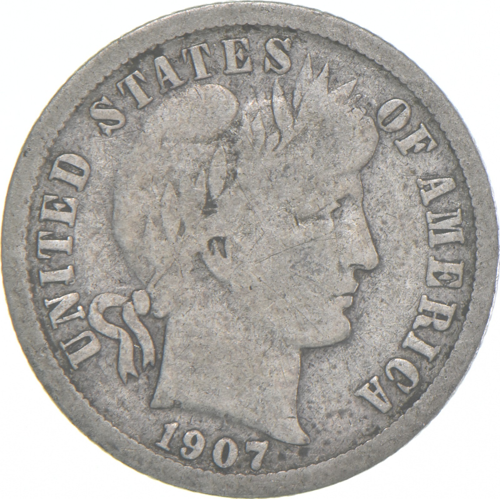 1907-O Barber Dime 90% Silver Average Circ 1907-O Barber Dime 90% Silver Average Circ