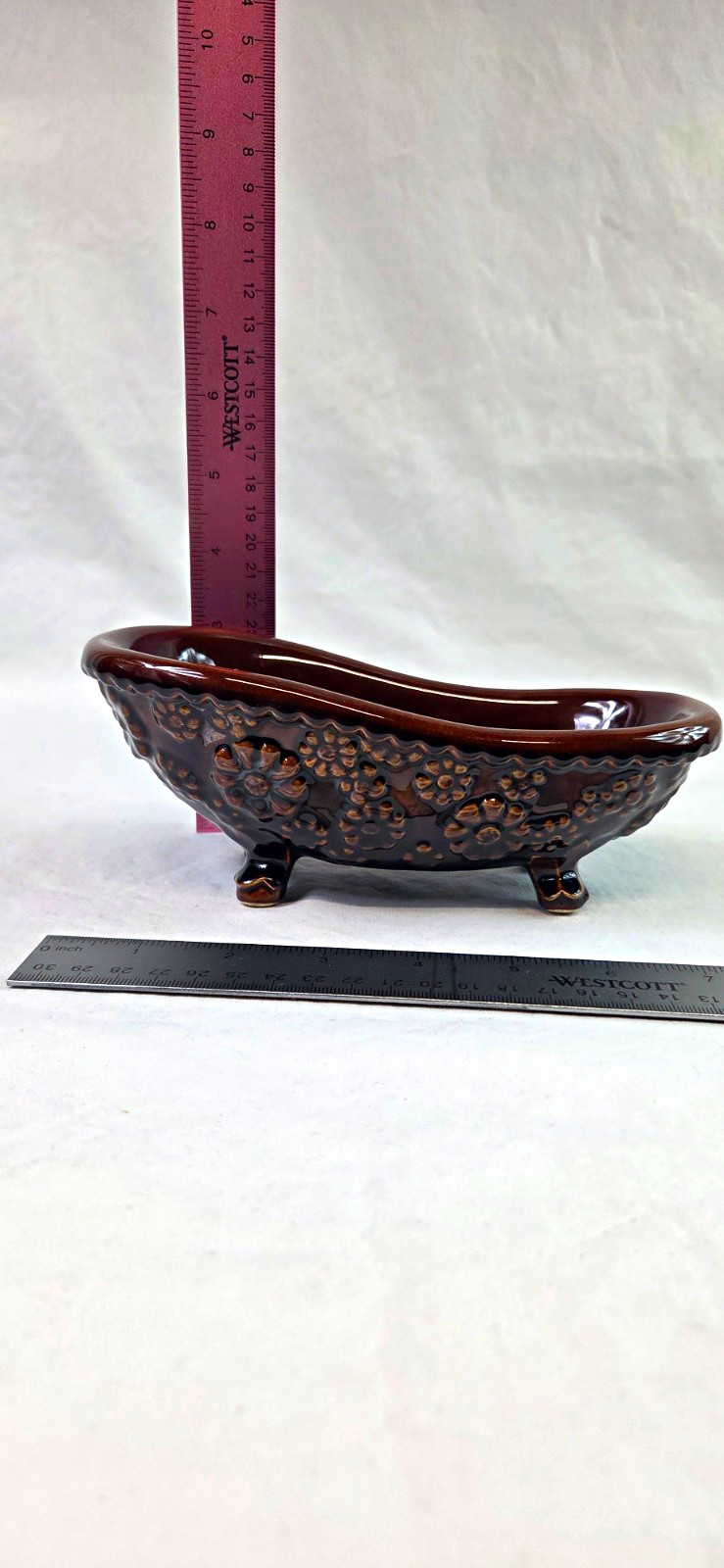 Vintage 1982 Ceramic Clawfoot Bathtub Soap Dish Brown Floral Signed Ellen Smith