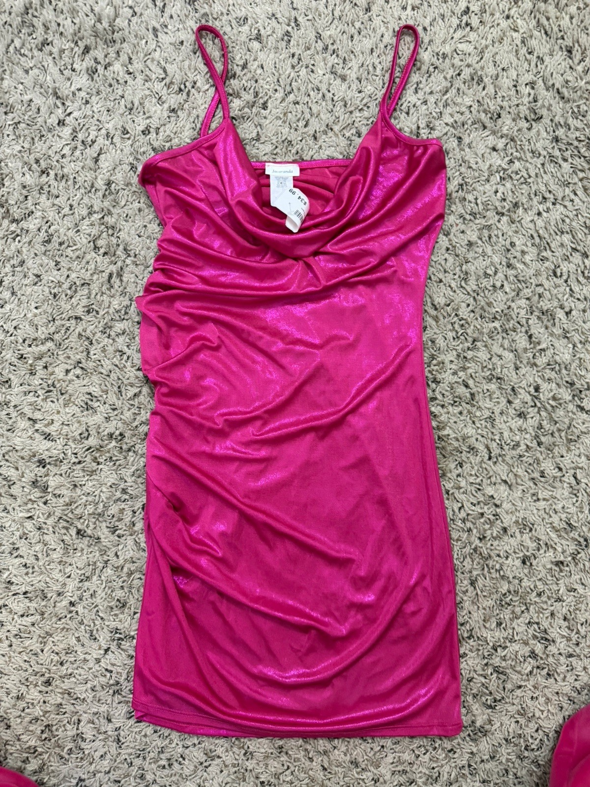 Pink Metallic Jersey Cowl Neck Bodycon Dress, Spaghetti Straps Stretch Size L Pink Metallic Jersey Cowl Neck Bodycon Dress, Spaghetti Straps Stretch Size L