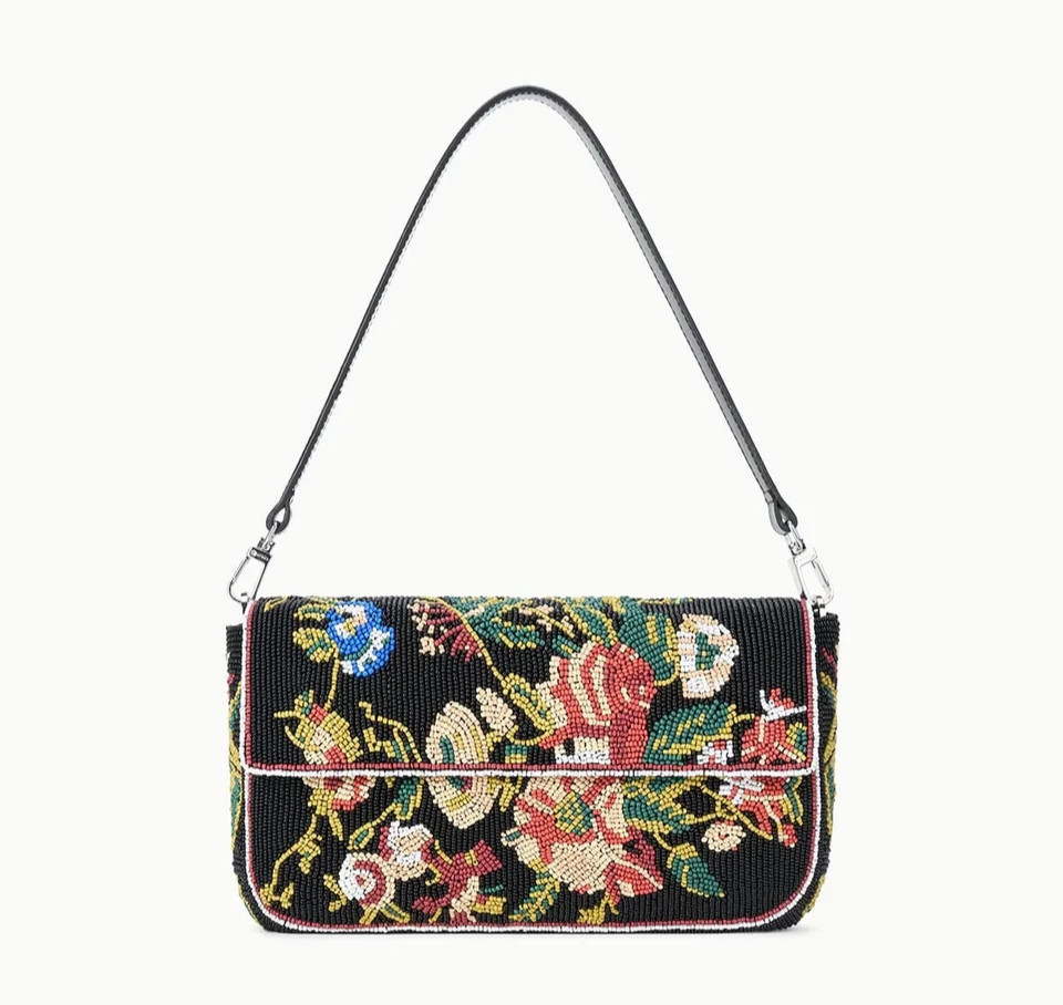 🧡*NWT*Staud Timmy Beaded Shoulder Bag Black Floral Hand-Beaded MSRP$350🧡