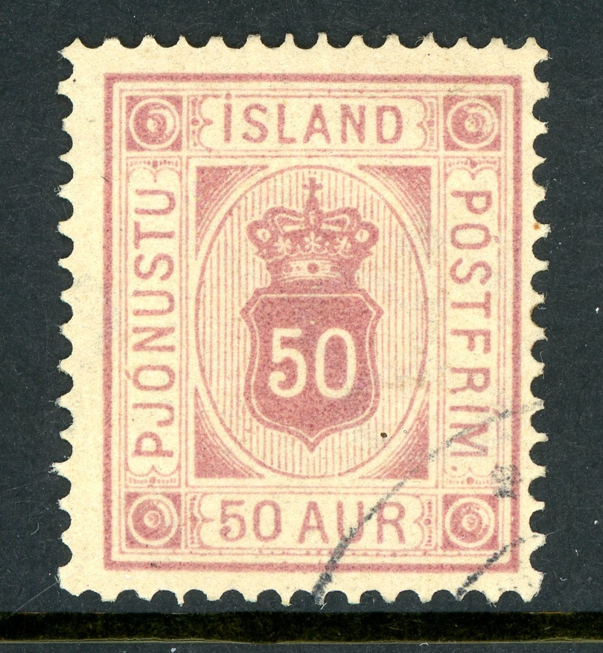 Iceland 1876 Official 50 Aur Rose Lilac *Perf 14x13½* Scott #O9 VFU T852 Iceland 1876 Official 50 Aur Rose Lilac *Perf 14x13½* Scott #O9 VFU T852