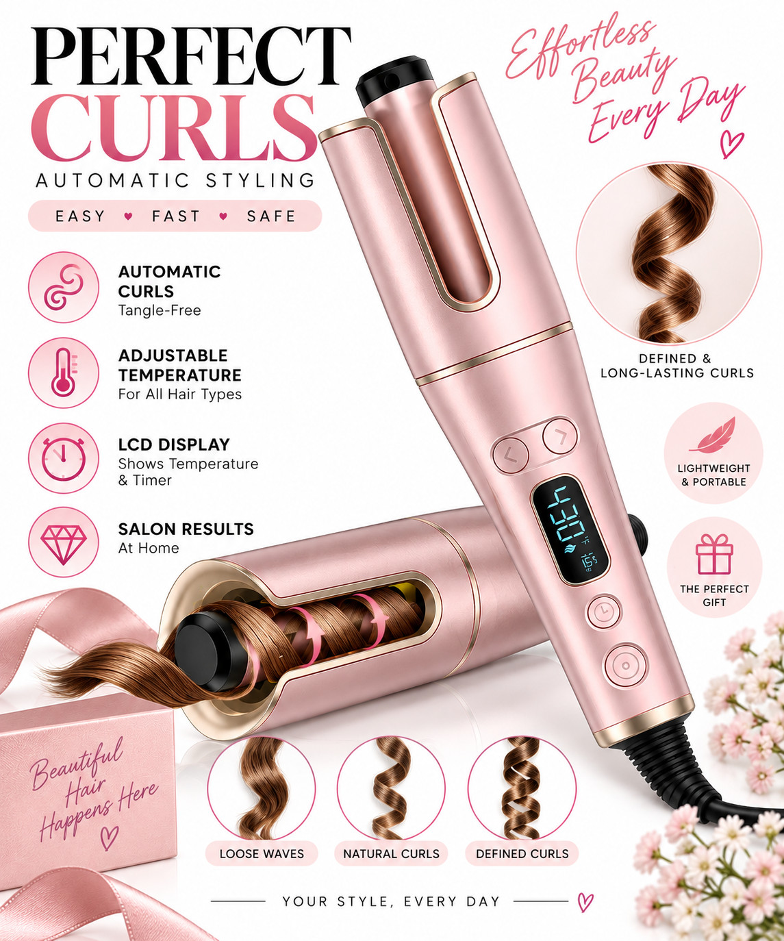 Automatic Hair Curler with LCD Display – 1” Rotating Barrel, 4 Heat Settings, 3 Automatic Hair Curler with LCD Display – 1” Rotating Barrel, 4 Heat Settings, 3