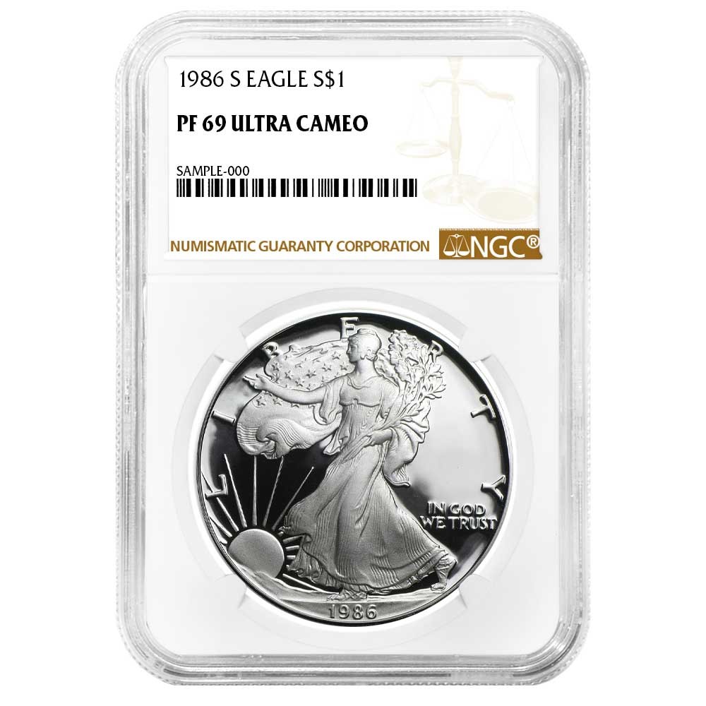 1986-S $1 1-oz Proof American Silver Eagle NGC PF69UC Brown Label