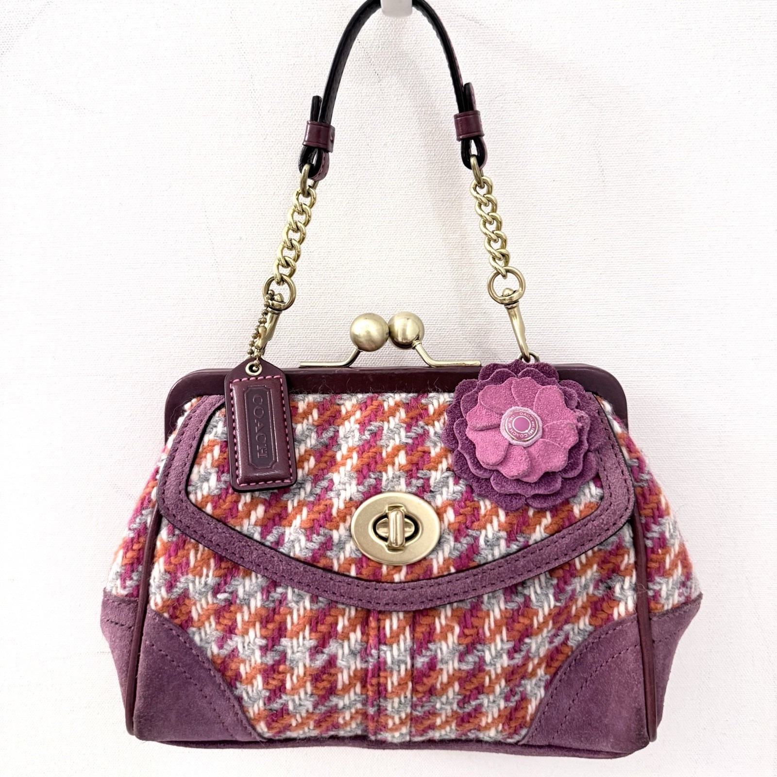NWOT Coach Houndstooth Purple Tweed Suede Kiss Lock Bag Purse + Dust Bag NWOT Coach Houndstooth Purple Tweed Suede Kiss Lock Bag Purse + Dust Bag