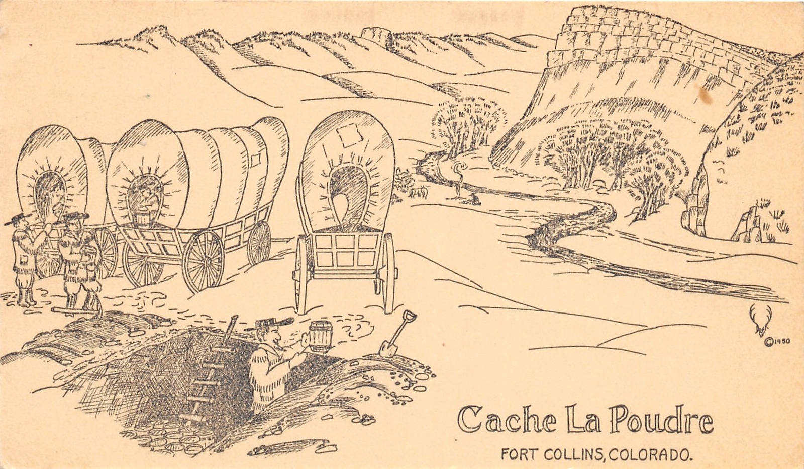 J29/ Fort Collins Colorado Postcard c1940s Cache La Poudre Conestoga Wagon 303 J29/ Fort Collins Colorado Postcard c1940s Cache La Poudre Conestoga Wagon 303