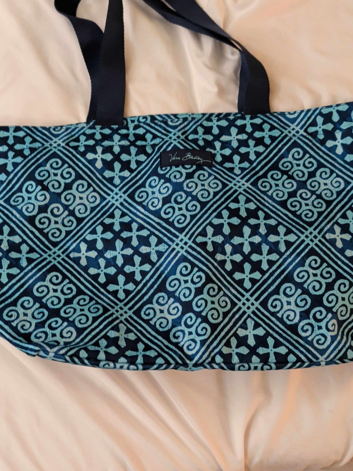 Vera Bradley Quilted Tote Bag Teal Brown Geometric Pattern Zip Top Shoulder Bag