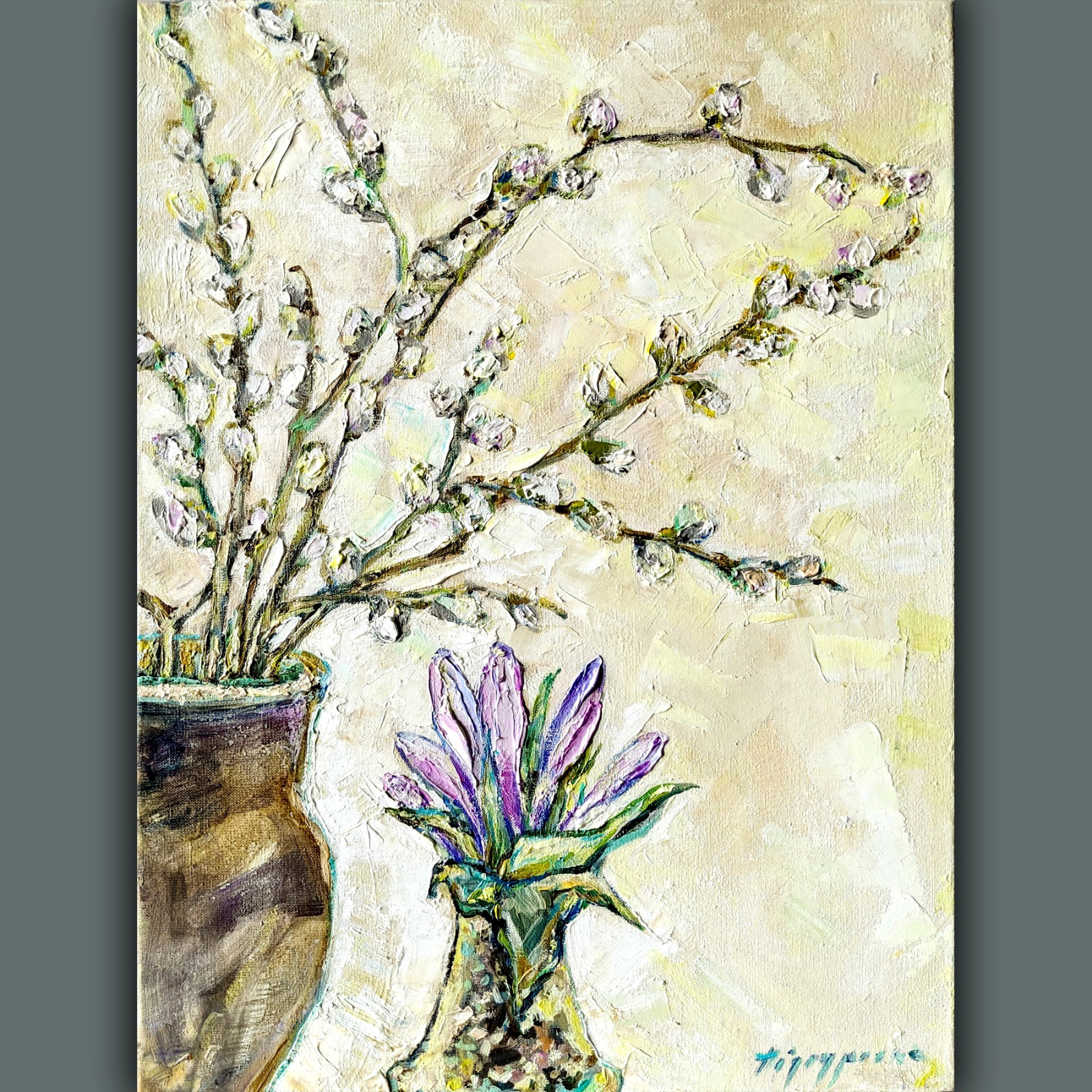 Original Floral Still Life Oil Painting Willow Crocus Cozy Canvas Art 16x12\