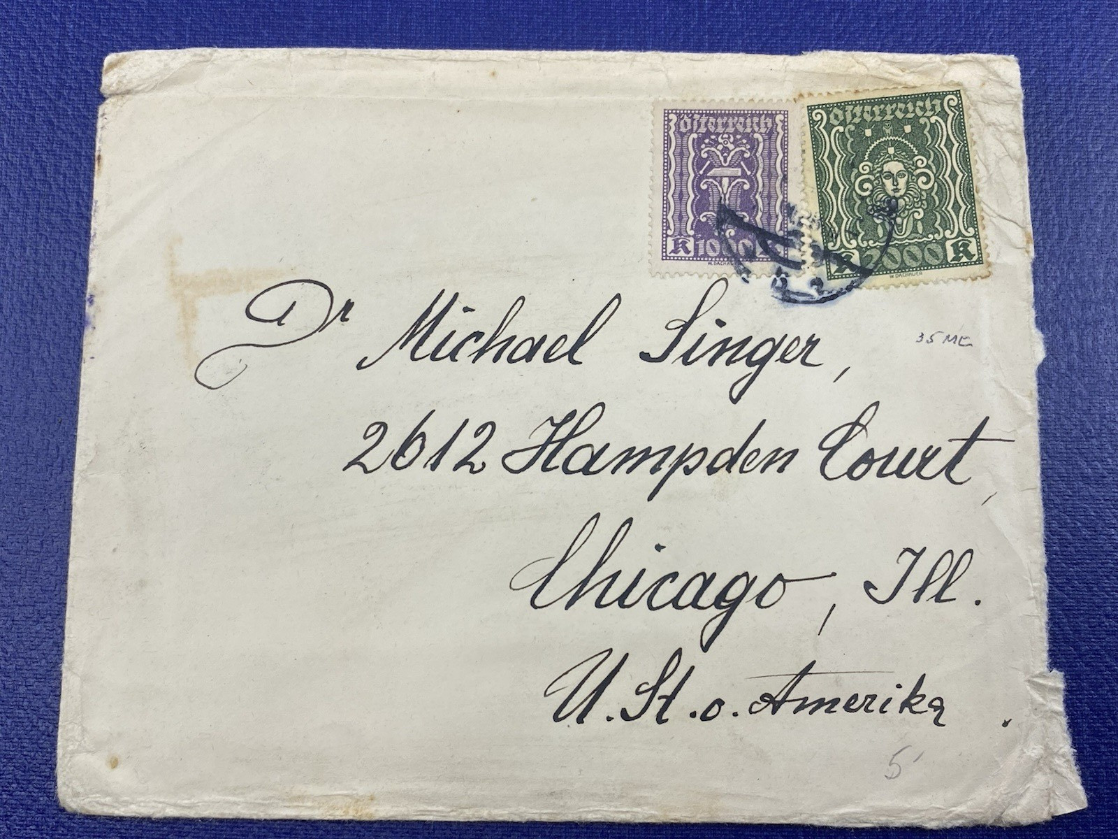 1922-24 AUSTRIA To Chicago.  SC#281 & 295, Special Seal for needy Viennese kids