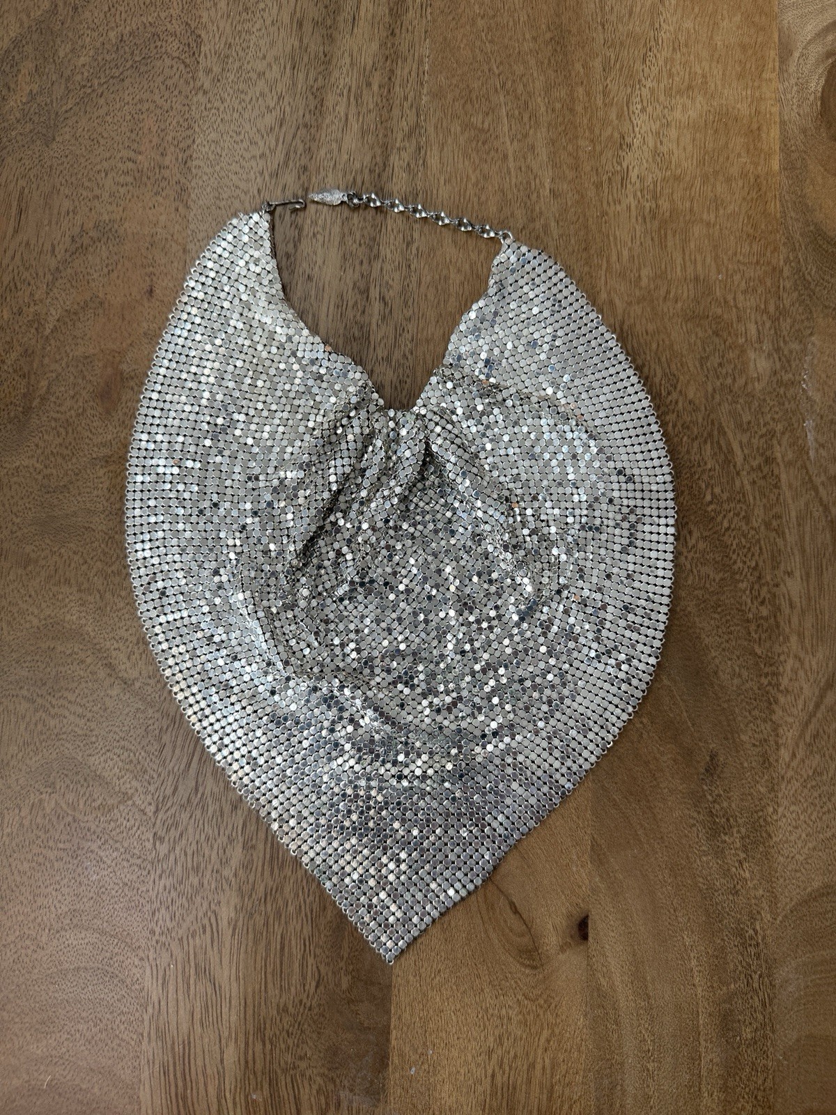 Vintage Signed Whiting & Davis Silver Mesh Bib Scarf Necklace Triangle