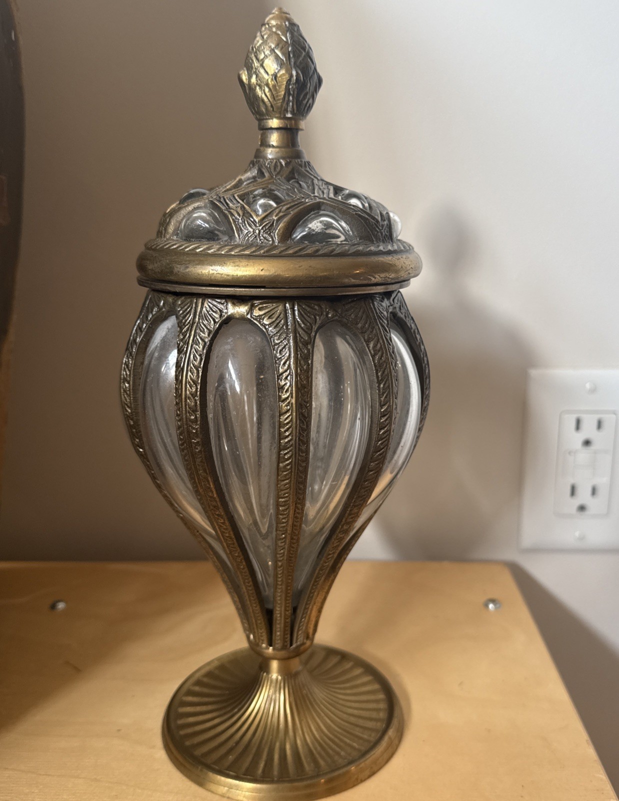 Rare Vintage Baroque Brass And Blown Caged Glass Apothecary Jar With Lid Rare Vintage Baroque Brass And Blown Caged Glass Apothecary Jar With Lid